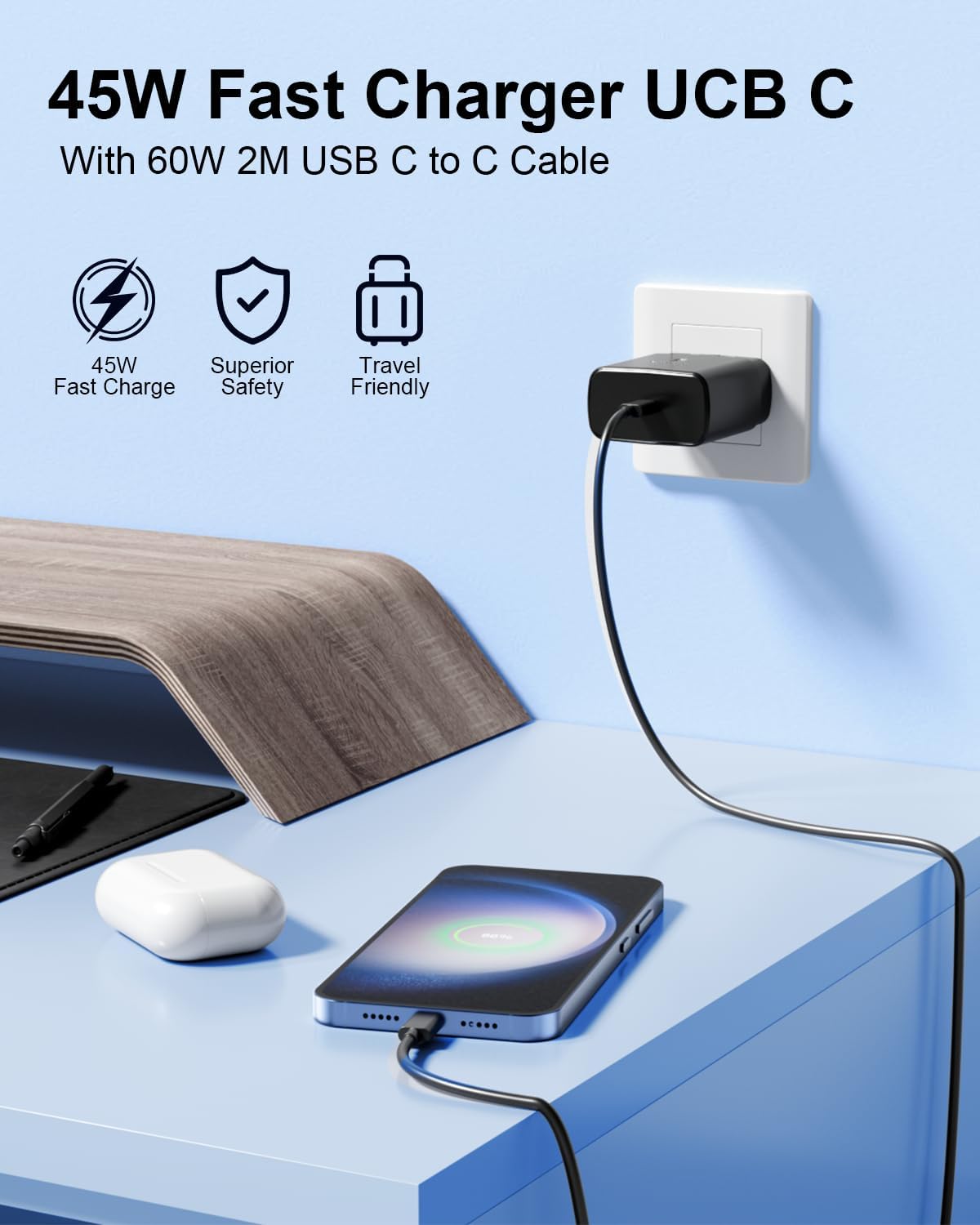 Detalle 2 de 45W USB C Charger for Samsung with 2m USB-C Cable – Fast Charge Kit for Galaxy S series