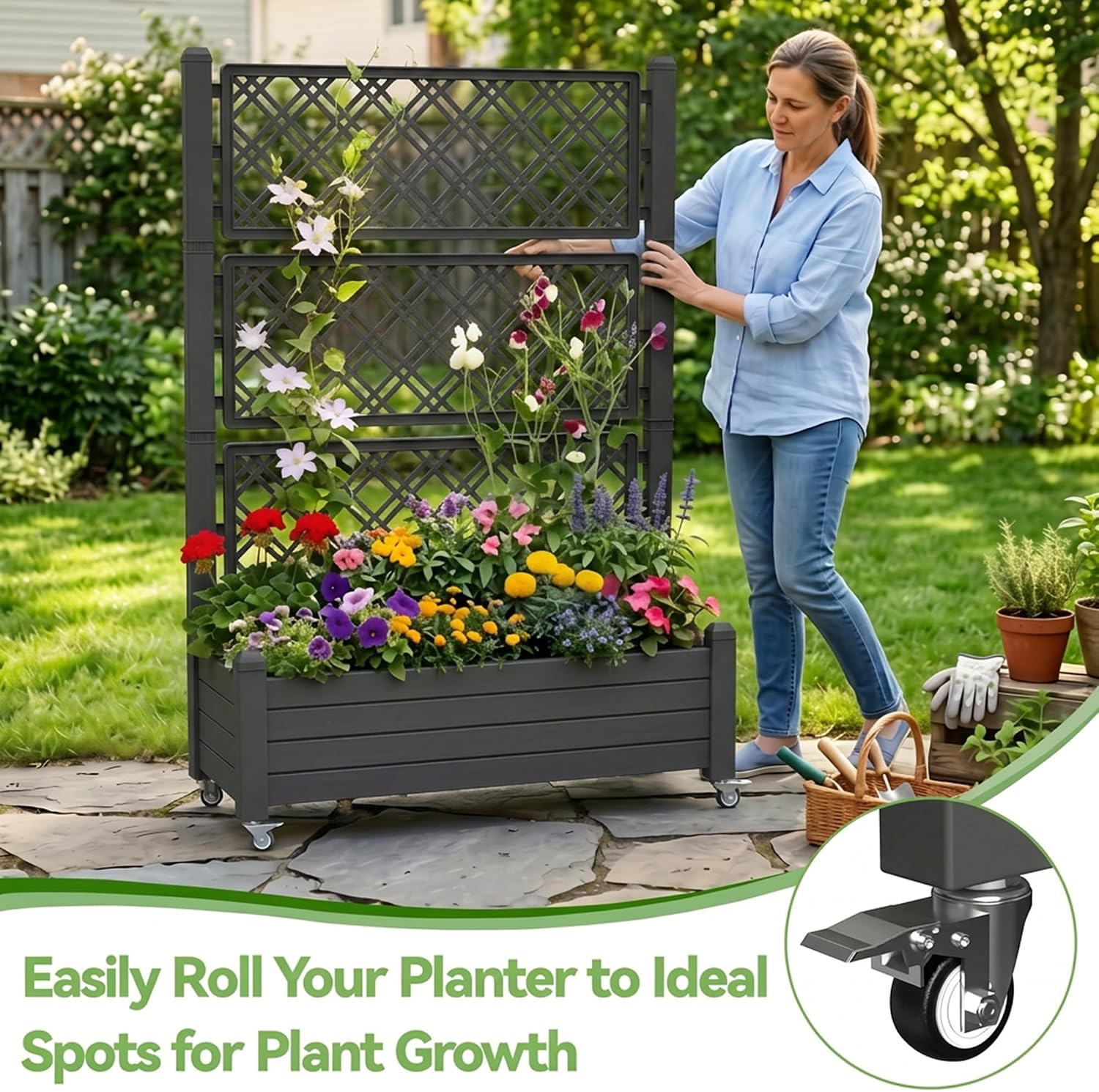 Detalle 2 de Raised Garden Bed with Trellis, Black