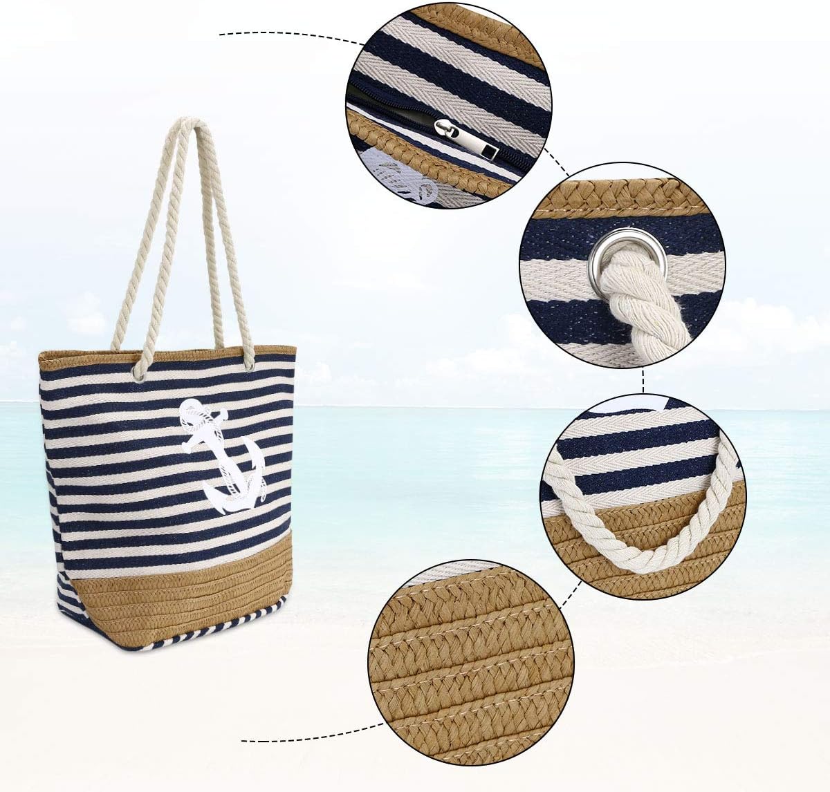 Detalle 2 de flintronic Sac de Plage pour Femmes – Grand sac fourre-tout en toile avec corde et motif Anchor
