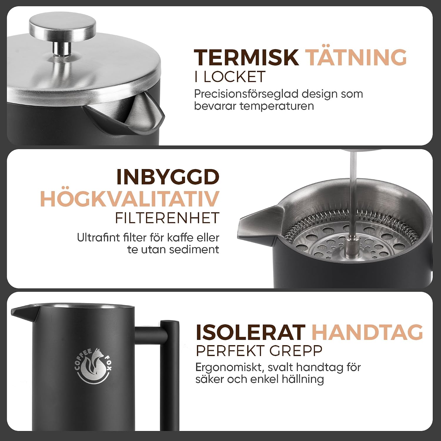 Detalle de Coffee Fox fransk kaffepress i matt svart, dubbelväggigt rostfritt stål