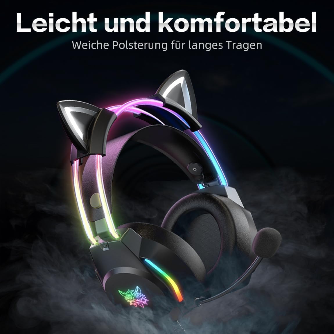 Thumbnail 5 de ONITOON Gaming-Headset mit Katzenohren & Mikrofon – RGB-Regenbogen, 7.1 Virtual Surround und 3,5-mm-Kabel