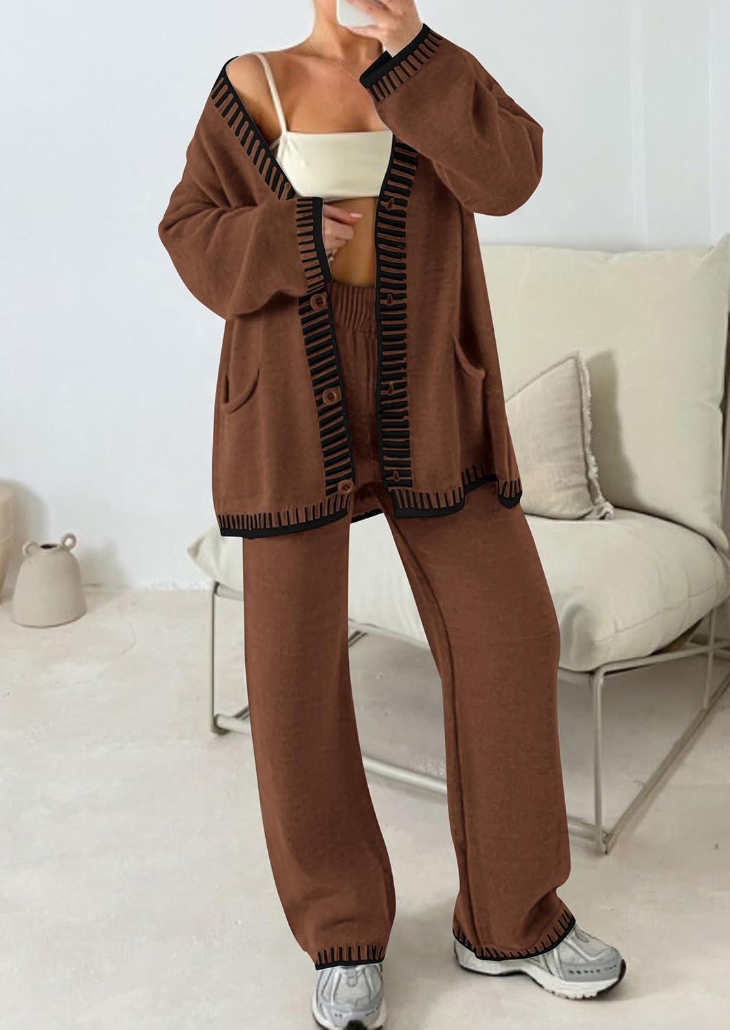 Detalle 2 de PRETTYGARDEN Women’s Lounge Set (2-Piece) Cardigan & Wide-Leg Pants