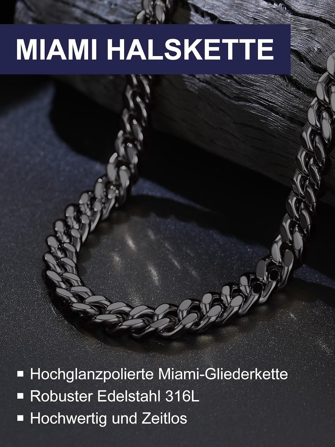 Detalle de Bandmax Panzerkette Herren aus Edelstahl (316L) 5/7/9/12 mm – kubanische Gliederkette schwarz mit auswahlbarer Länge