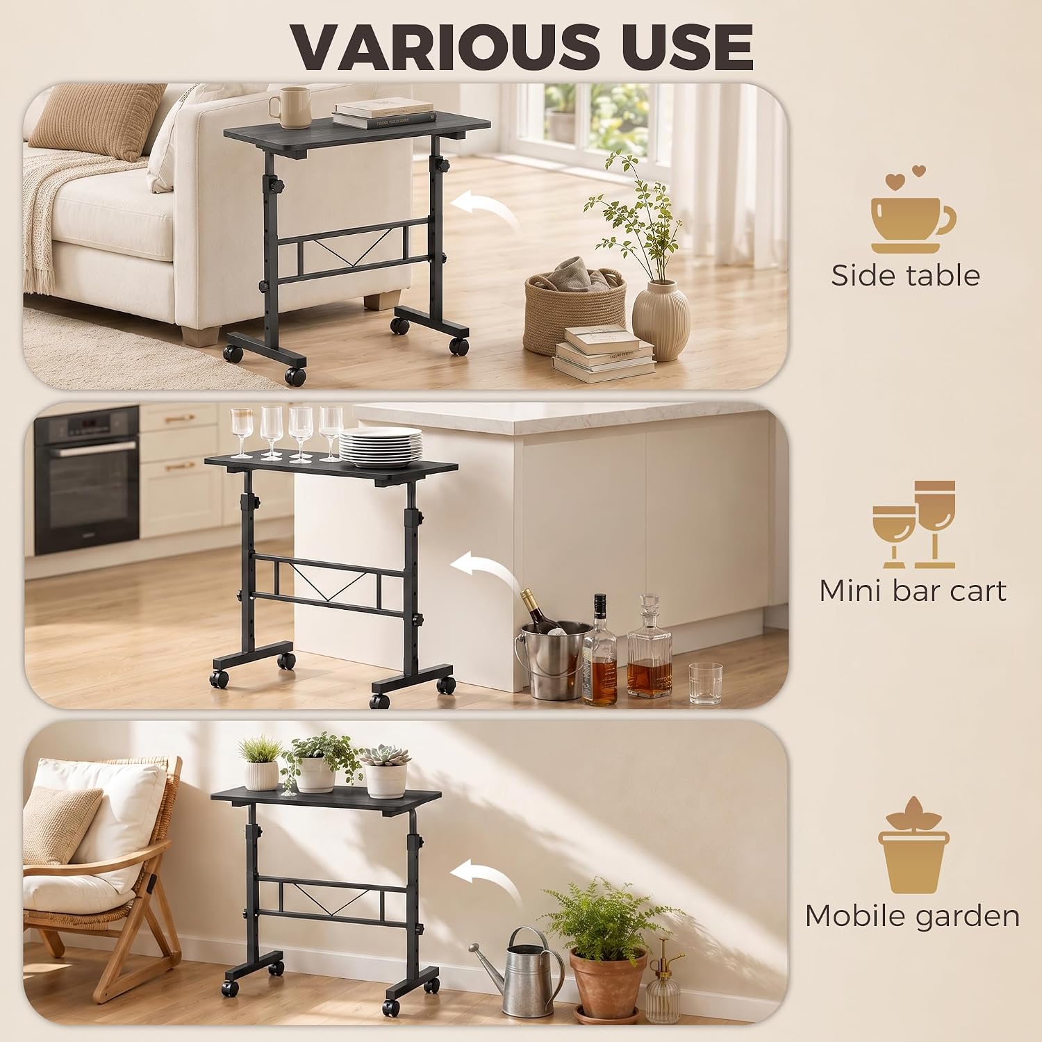 Detalle 2 de HOMCOM 838-634V00BK Overbed Table, Adjustable Height, Wheeled, 80 x 40 cm