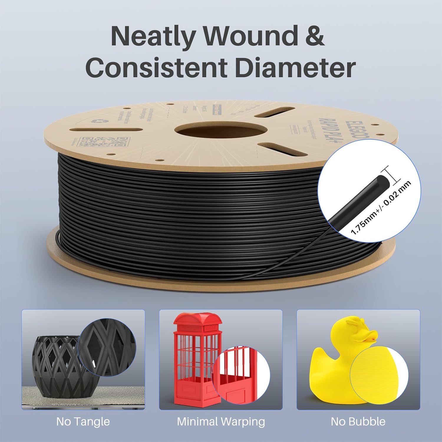 Detalle de ELEGOO Rapid PLA Plus 1.75mm Black PLA+ 3D Printer Filament (4kg bundle)
