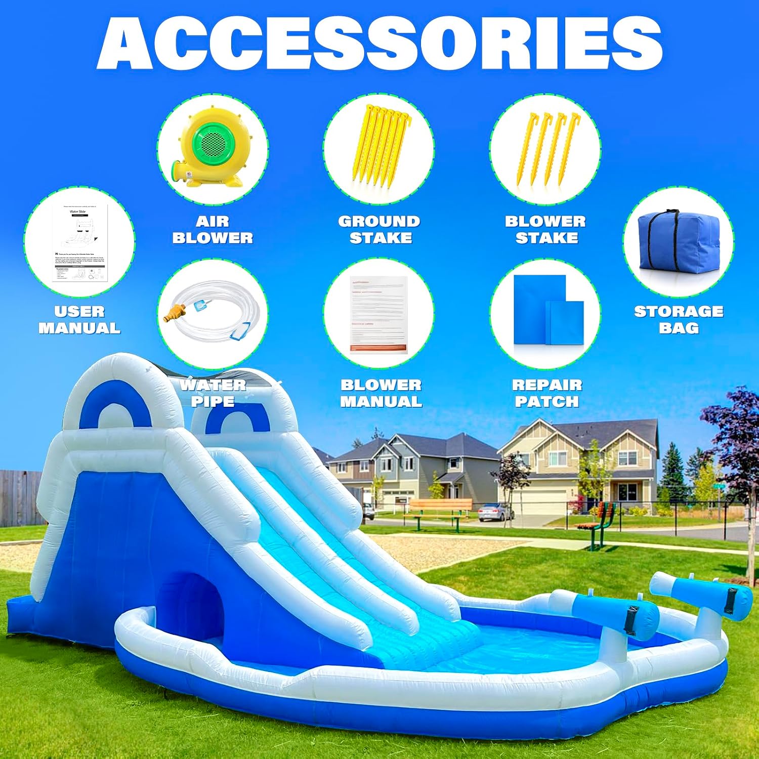Detalle de Inflatable Double Water Slide - 17.7FT Large Climber Water Park for Big Kids (5-10) with Splash Pool