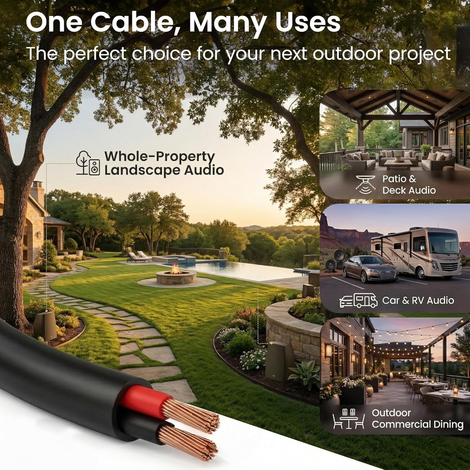 Detalle de GearIT Outdoor Speaker Wire OFC 2x1.5mm≤ (30.48 Meters) – Oxygen-Free Copper, 2-Conductor, CL3/CL2 Rated, Black