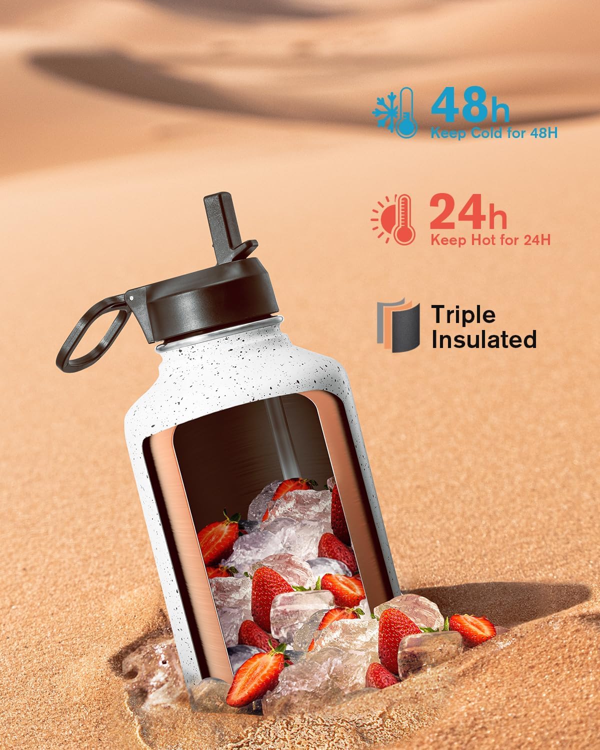 Detalle 2 de Coolflask Long-lasting Insulated Water Bottle, 64 oz Stainless Steel Jug with 3 Lids