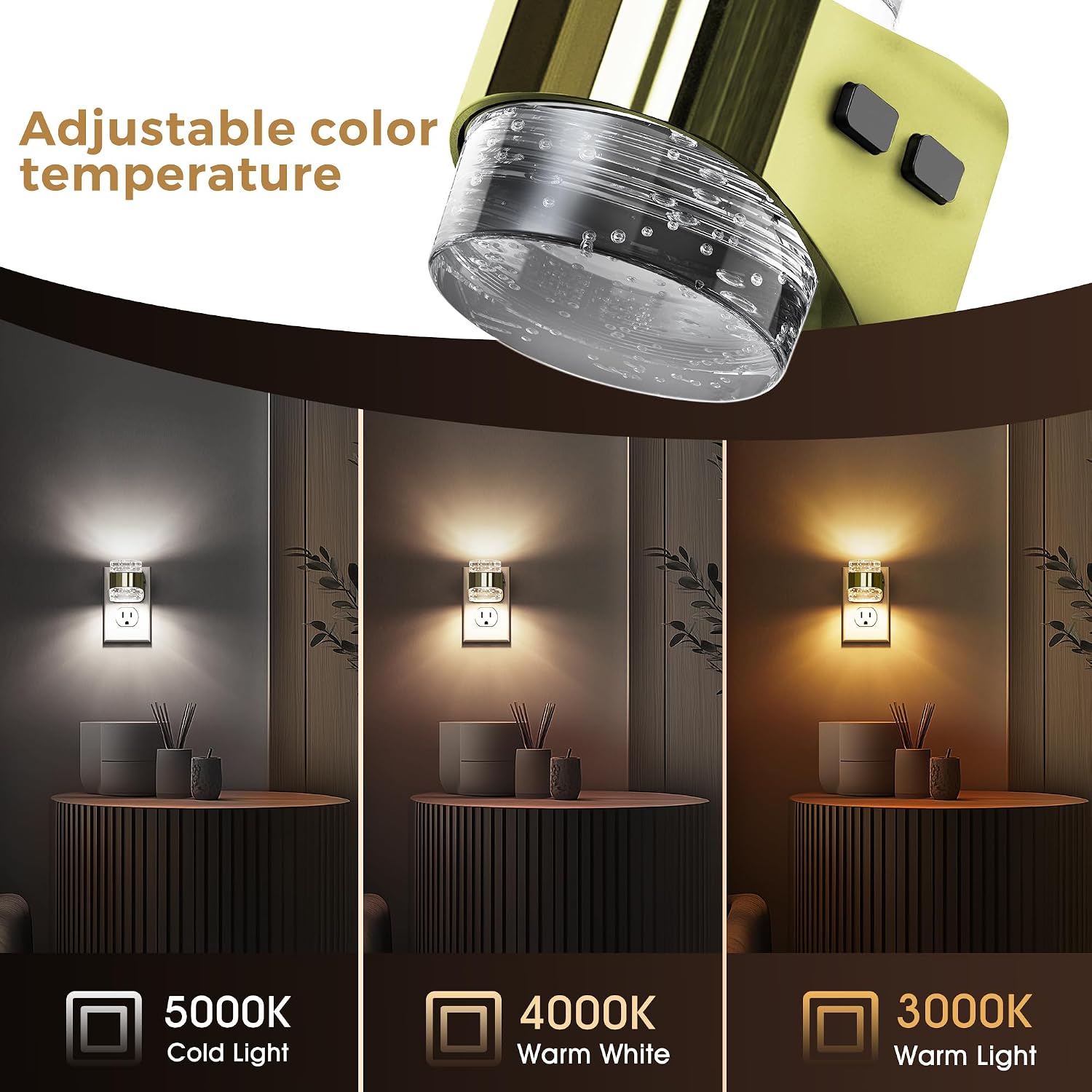 Detalle de L LOHAS LED A-GY21508DGD3US-2 2-Pack Plug-In Night Lights, 3 CCT, Dusk-to-Dawn