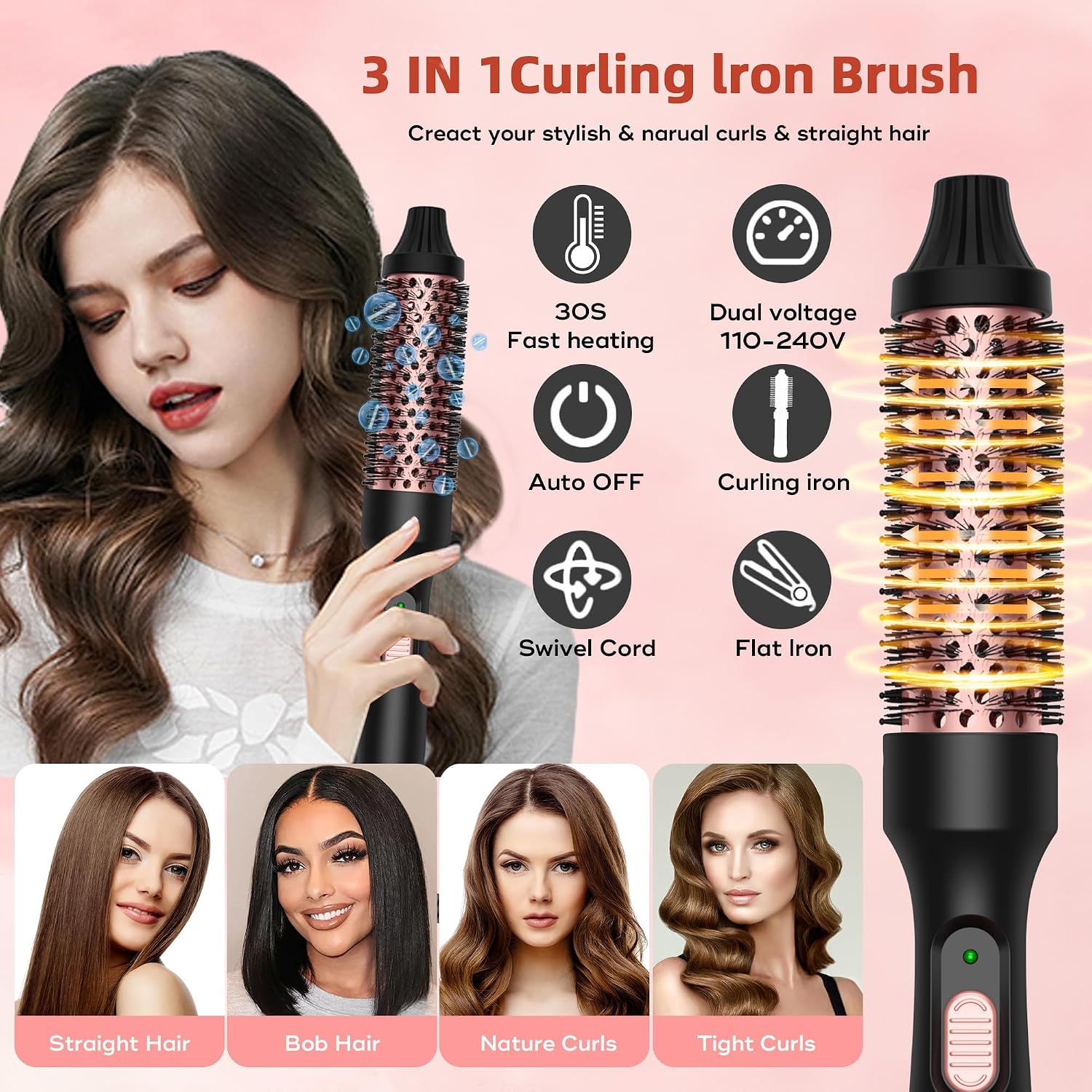 Detalle de UKLISS Thermal Brush 32mm Heated Round Brush – 3-in-1 100–240V for Volume, Smoother Hair & Loose Curls