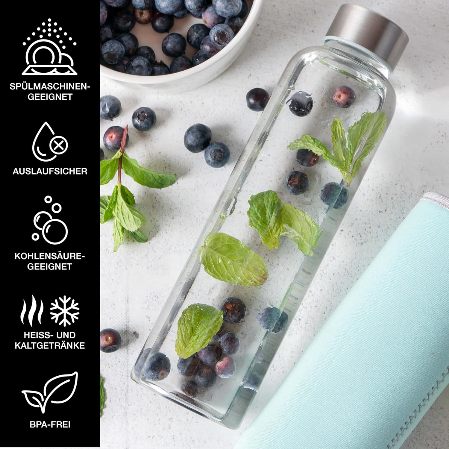 Thumbnail 2 de Moritz & Moritz Trinkflasche Glas 500ml – aus Borosilikatglas, auslaufsicher & mit Neoprenhülle