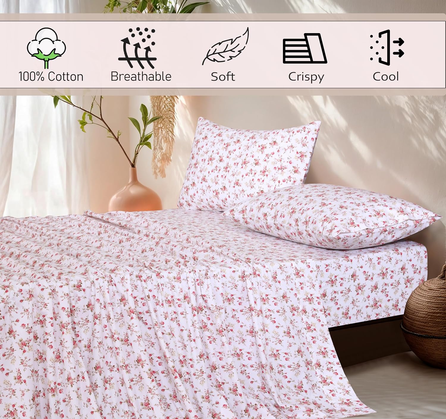 Detalle de RUVANTI 100% Cotton Queen Percale Sheet Set (4-Piece) – 16-Inch Deep Pocket, Cooling Floral Bouquet
