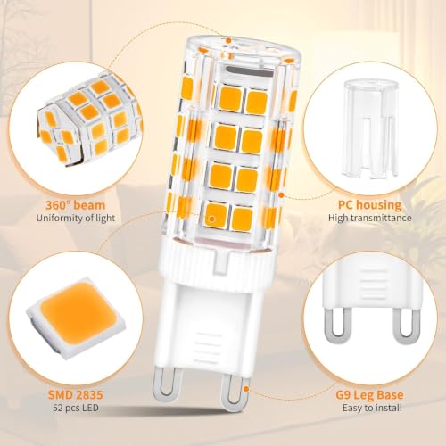 Detalle de YIIFELL Bombilla LED G9 5W 3000K (Pack de 8): luz cálida, 360° y sin parpadeo