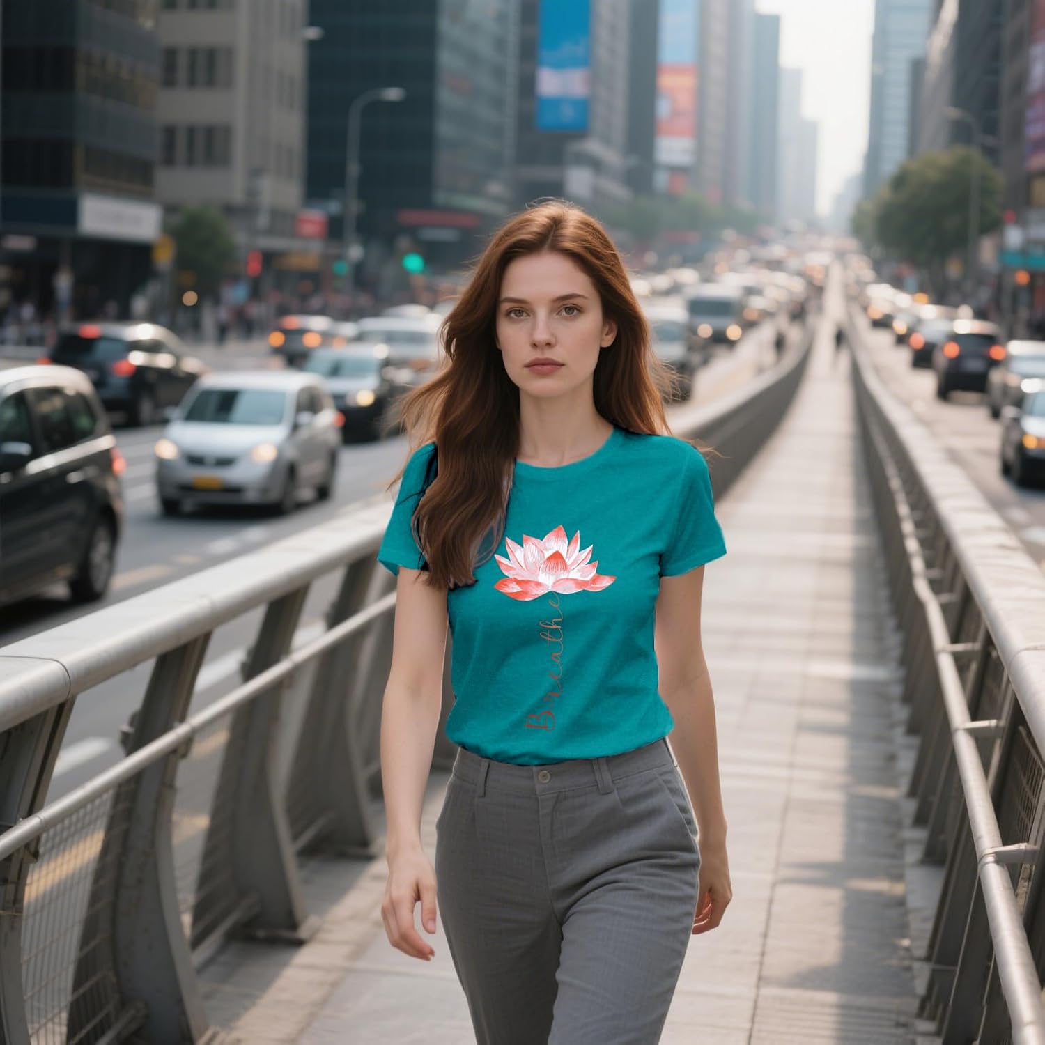 Detalle de SUWATOIN Women's Yoga Shirt: Elegant Breathe Lotus Tee for Mindful Workouts