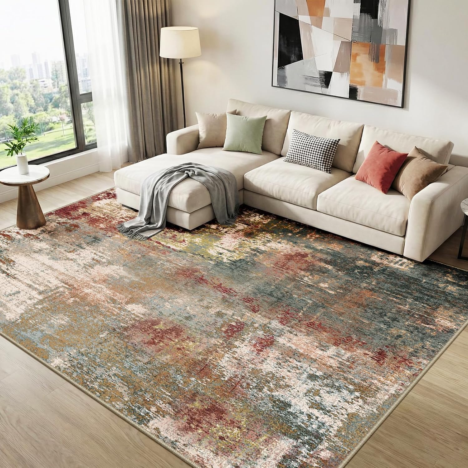 Thumbnail 6 de DEFYNEE Wohnzimmerteppich 150 x 210 cm – rutschfester Kurzflorteppich mit abstraktem Design, waschbar