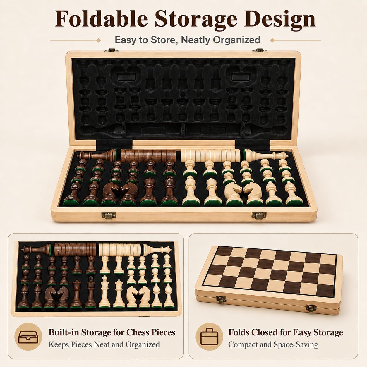 Detalle de Wooden folding chess and checkers set 15-inch