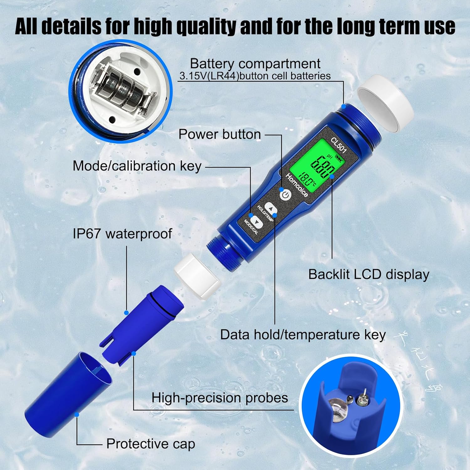 Thumbnail 1 de Homcoice 5-in-1 Pool-Wasserqualitätsmessgerät: pH, freies Chlor, ORP/Redox, Wasserstoff (H₂) & Temperatur
