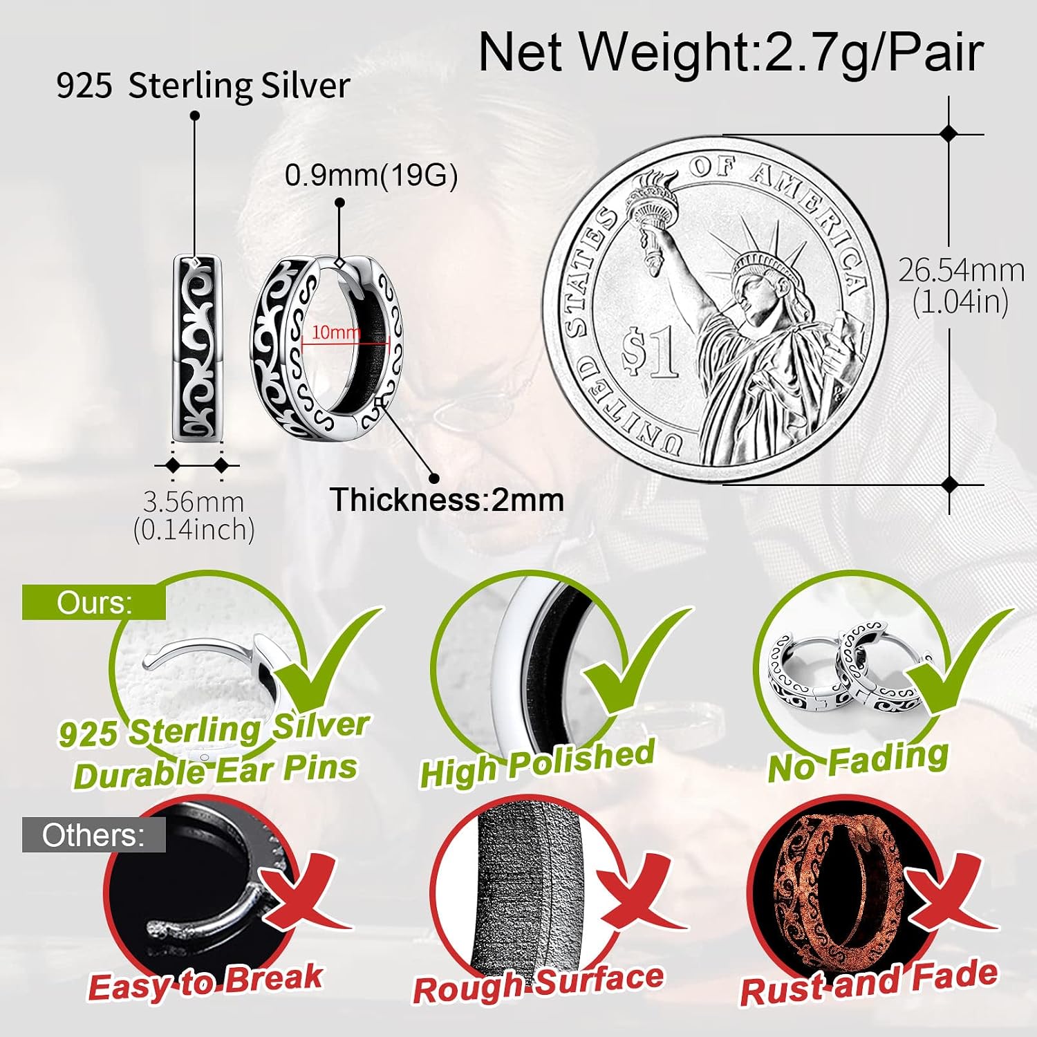 Detalle de FaithHeart Sterling Silver Celtic Knot Hinged Hoop Earrings (Unisex) with Gift Box