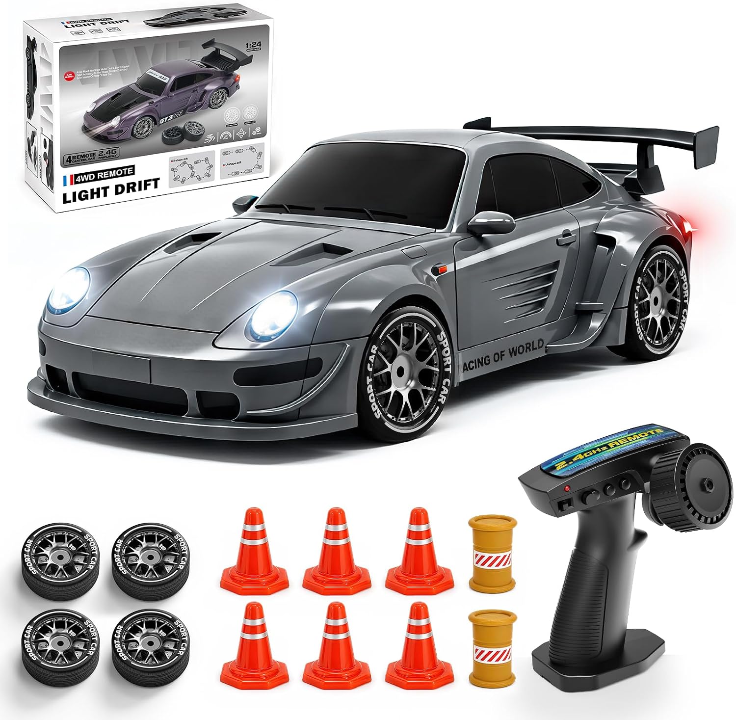 Detalle de YESHIN US020-7M RC-driftauto 1:24 met 4WD, ledverlichting en 2 banden sets