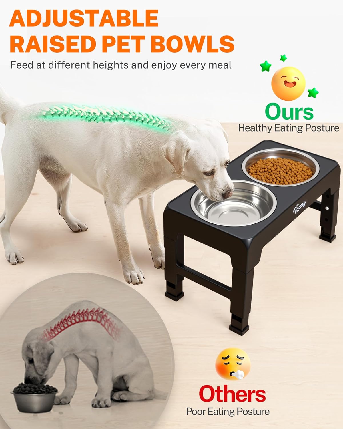 Thumbnail 2 de Toozey Height-Adjustable Raised Dog Bowls with 2x 1200ml Stainless Steel Bowls (Black)