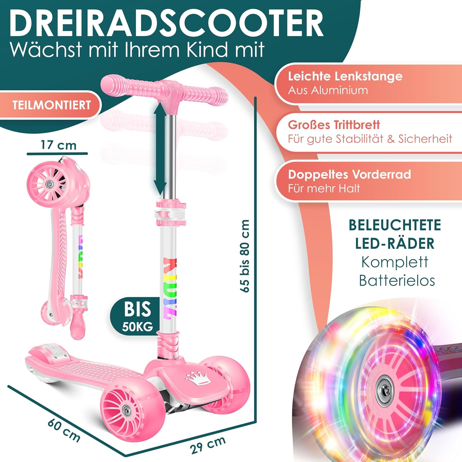 Detalle 2 de KIDIZ X-Pro2 Dreiradscooter LED Räder 3–12 Jahre