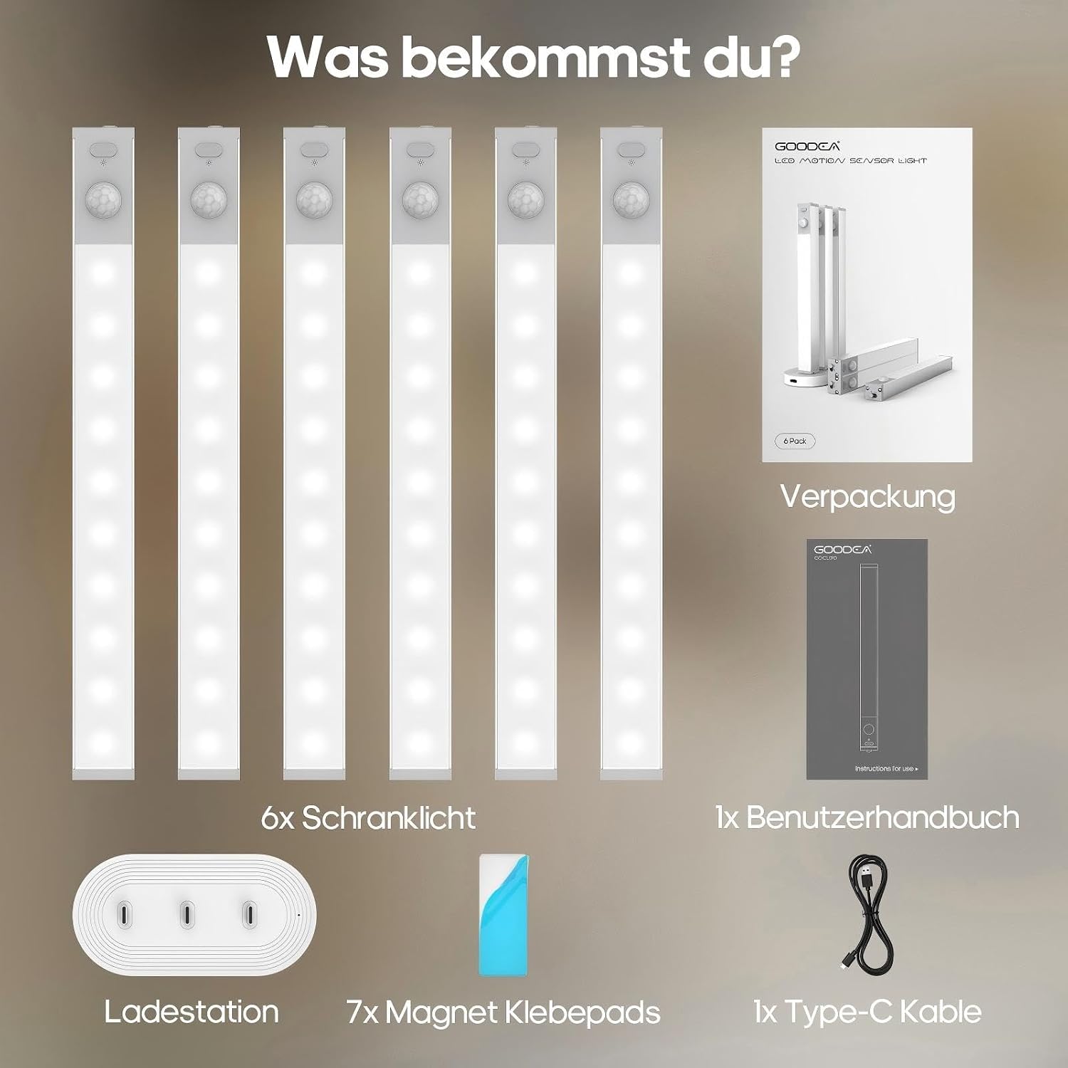 Thumbnail 6 de GOODEA 18 cm Slim Bright Schrankbeleuchtung (6er-Set) mit USB-C-Lade-Dock, dimmbar, 8000K