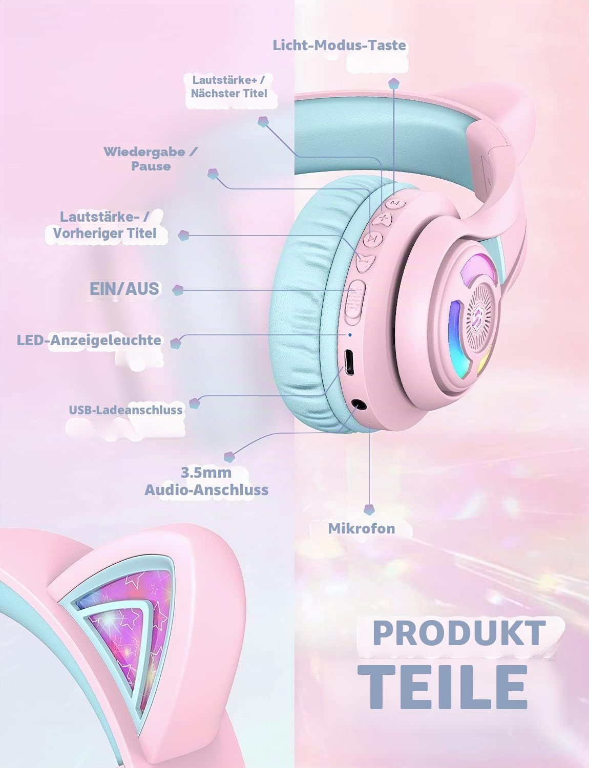 Detalle 1 de iClever Bluetooth Kopfhörer Kinder mit Katzenohr-LED, MIC und 3,5-mm-Kabel (BTH13, 50 Std. Spielzeit)