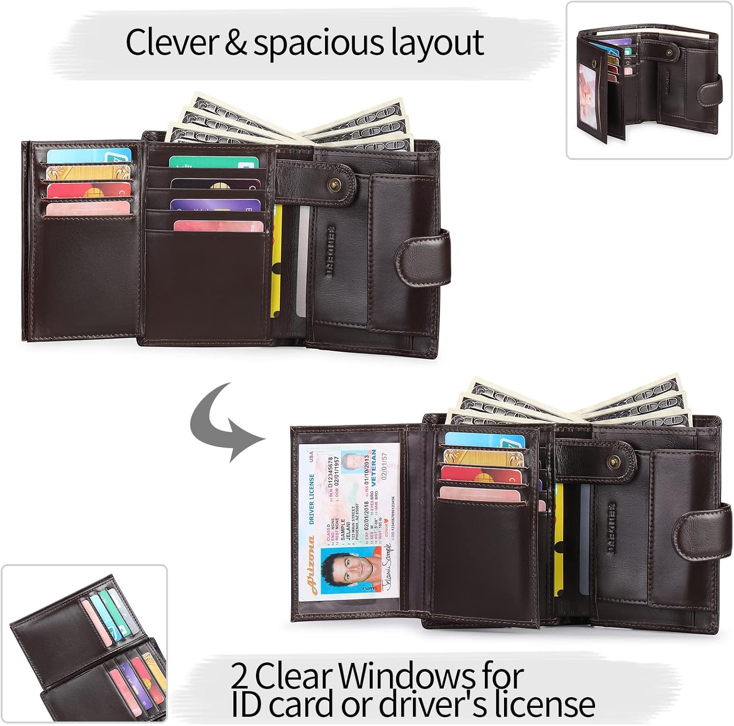 Detalle 2 de SENDEFN Herren-Geldbörse groß, Trifold, echtes Leder, RFID-Blockierung, 18 Kartenfächer