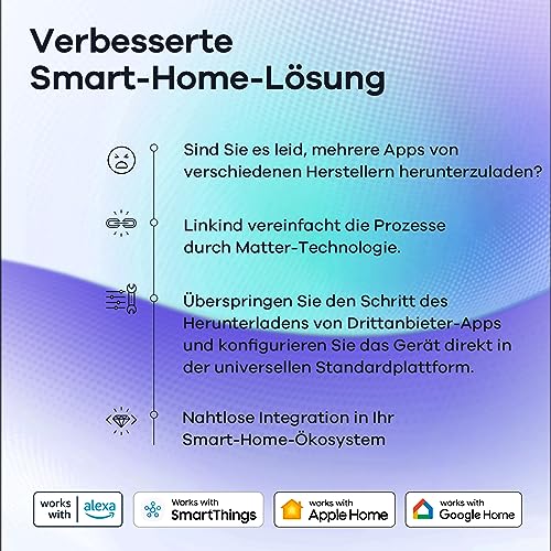 Detalle de Linkind Matter E27 Glühbirne (2er Pack) – RGBTW, 16 Mio. Farben, 2,4 GHz WLAN, Matter kompatibel per Hub, Alexa/Apple Home/Google Home