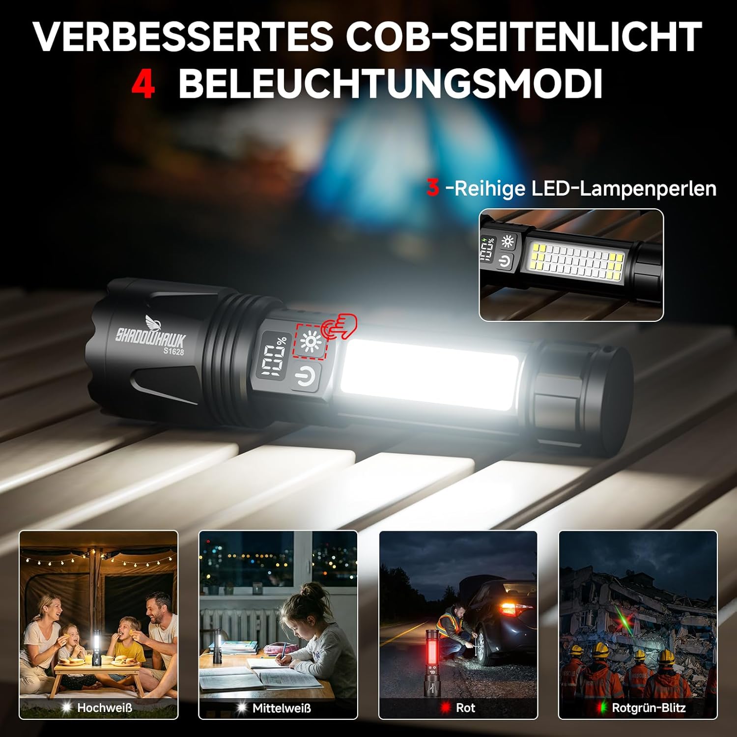 Thumbnail 2 de Shadowhawk 2er-Set Extrem Hell LED-Taschenlampen, USB-C+A aufladbar mit COB-Arbeitslicht, 7 Modi, N45 Magnet & LCD