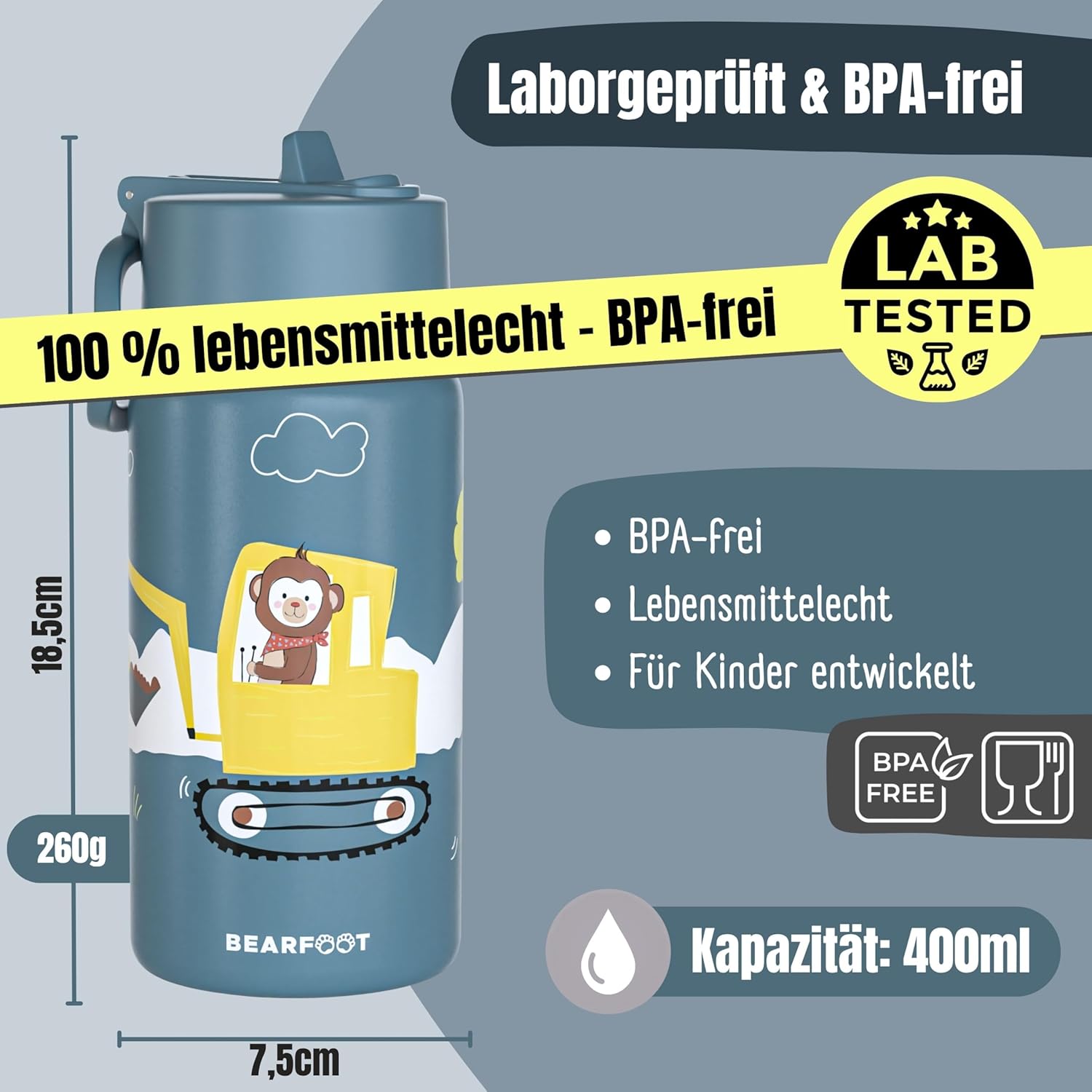 Detalle 2 de BEARFOOT Trinkflasche Kinder Edelstahl 400ml mit Strohhalm – BPA-frei, auslaufsicher, Blau (Bagger Affe)