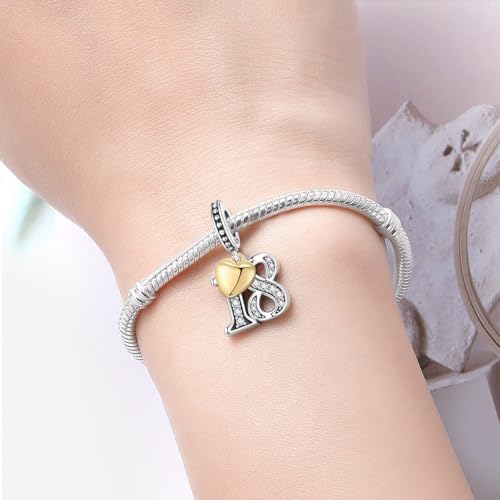Detalle de PANPOKI Zahl Charm für Armband & Halskette – Sterling Silber 925 mit Zirkon & 18K vergoldetem Herz