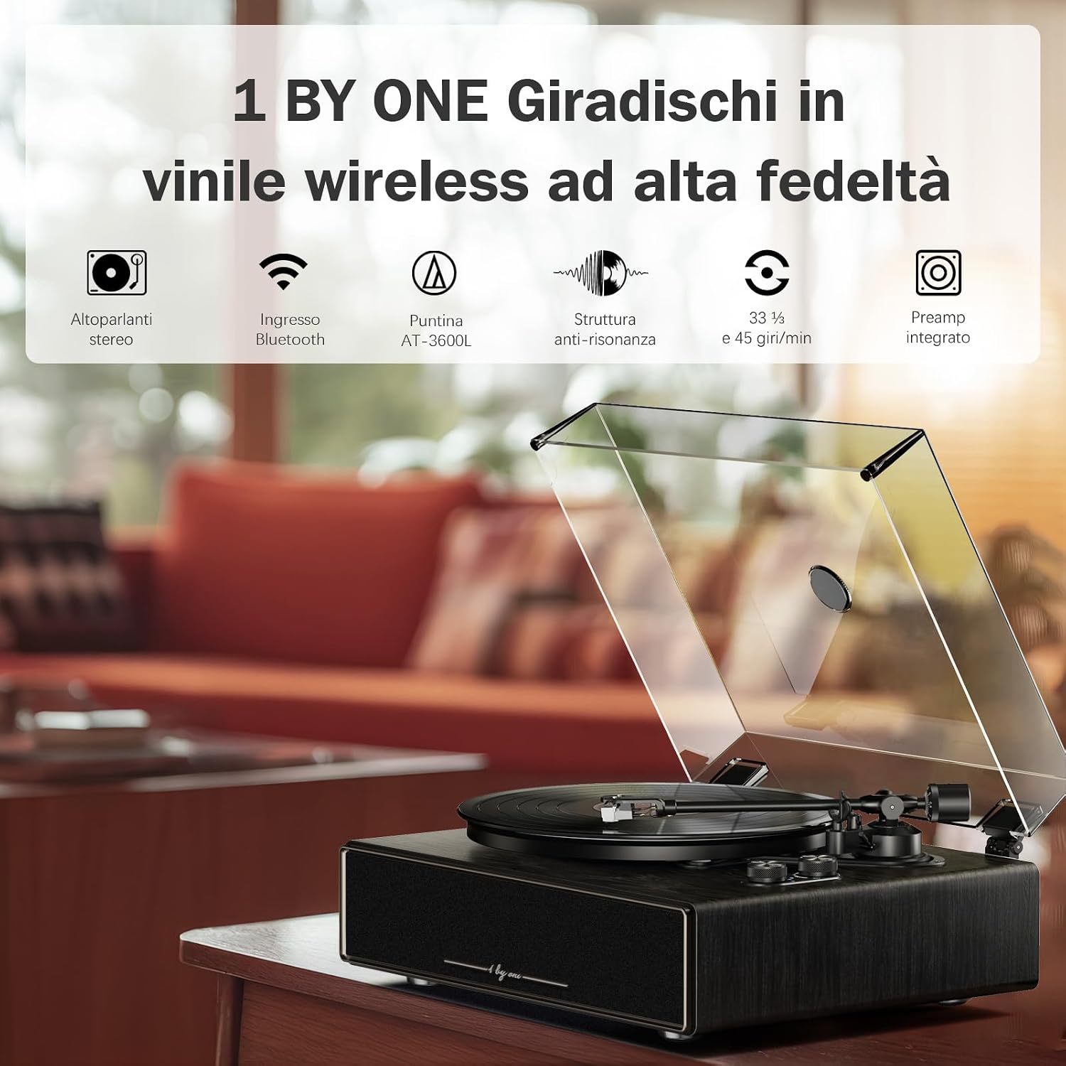 Detalle 2 de 1 BY ONE Giradischi Tutto in Uno ad Alta Fedeltà con altoparlanti integrati e Bluetooth
