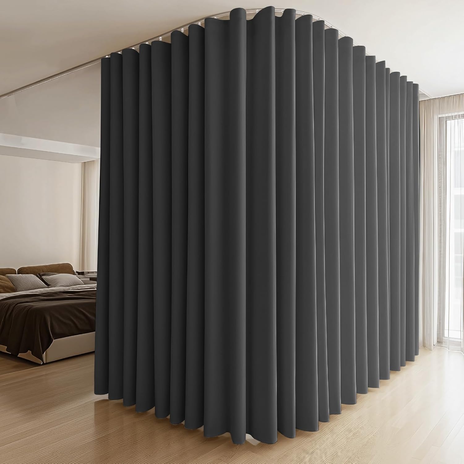 Detalle de MaKefeile Room Divider Curtains & Flexible Bendable Ceiling Track Set (Blackout Privacy Drape + White Rail)