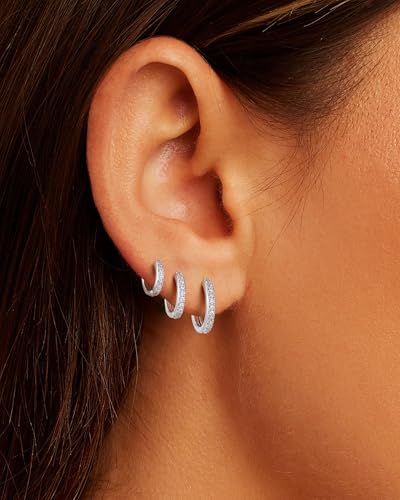 Detalle de Aretas Sterling Silver Hoop Earrings Set – 3 Pairs (12/14/16mm) Hypoallergenic with Cubic Zirconia