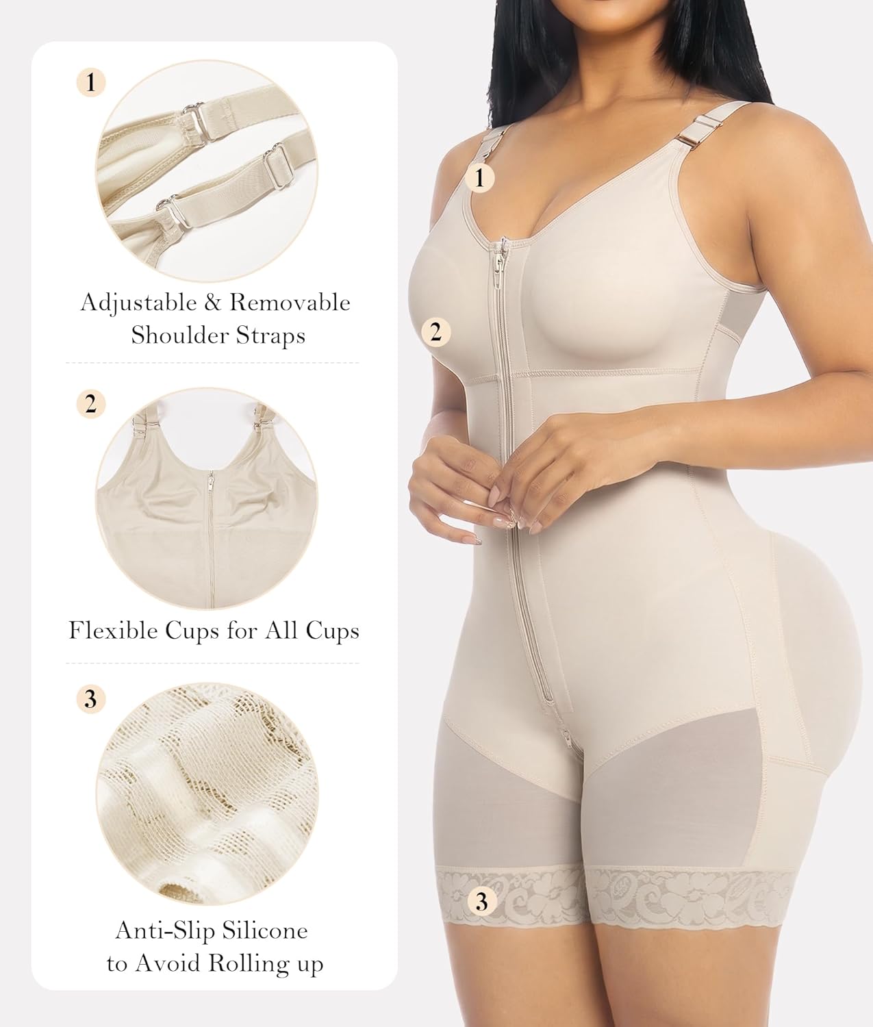 Detalle de YIANNA Fajas Colombianas Postpartum Shapewear with Zipper Crotch Tummy Control Butt Lifter Body Shaper