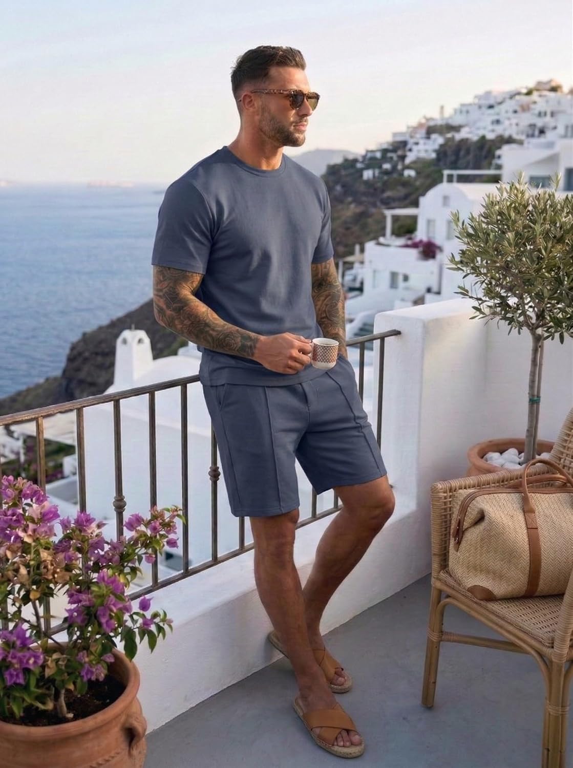 Thumbnail 2 de QIXING Mens Tracksuits 2 Piece Set – Short Sleeve Round Neck with Pockets