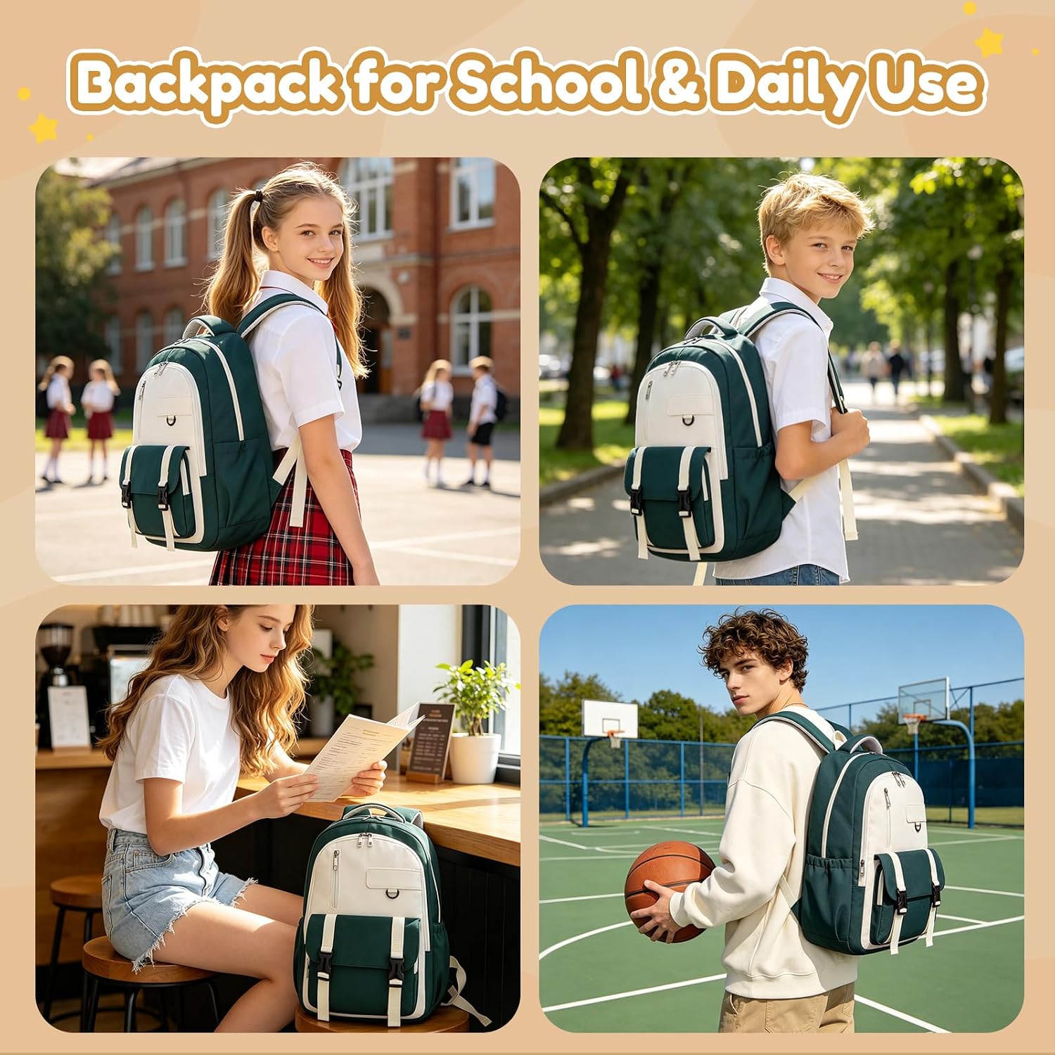 Thumbnail 4 de KONO Schulrucksack Teenager – Leichter Rucksack mit 15,6-Zoll Laptopfach, Grün/Beige