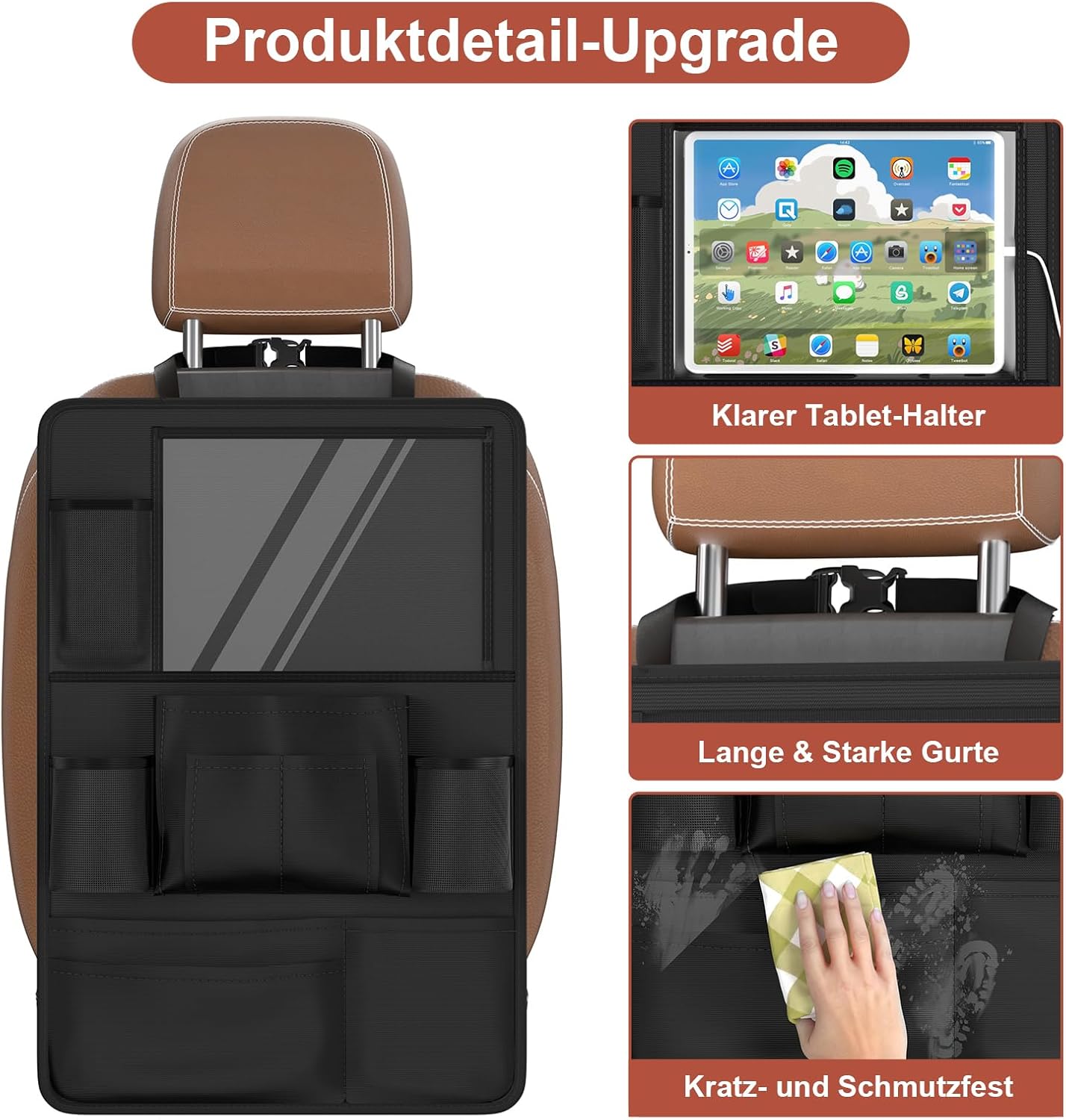 Thumbnail 2 de Oneyus Autositz Organizer für große Rückenlehnenschutz, 600D Oxford wasserdicht – mit 10 Taschen & Tablet-Hülle bis 11 Zoll