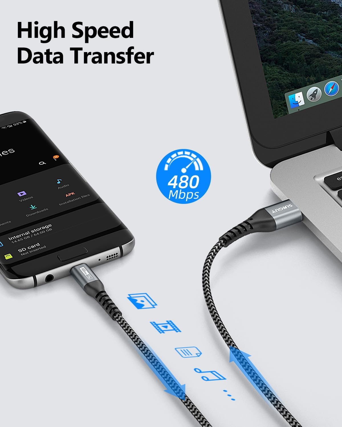 Thumbnail 4 de SUNGUY Pack de 3 câbles micro-USB courts 1FT/0,3 m pour charge et synchronisation
