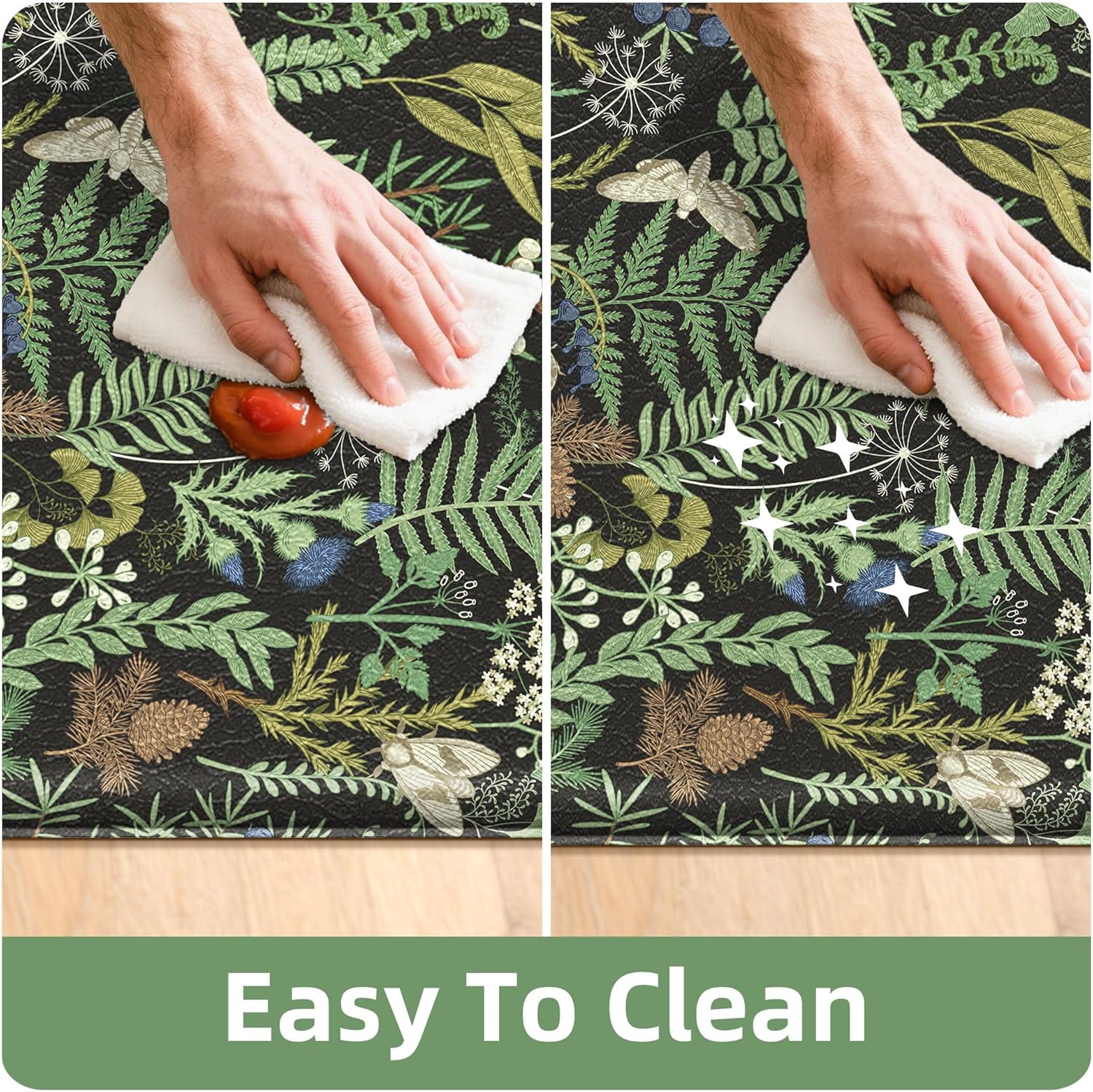 Detalle de Black Green Botanical Kitchen Rugs Set of 2