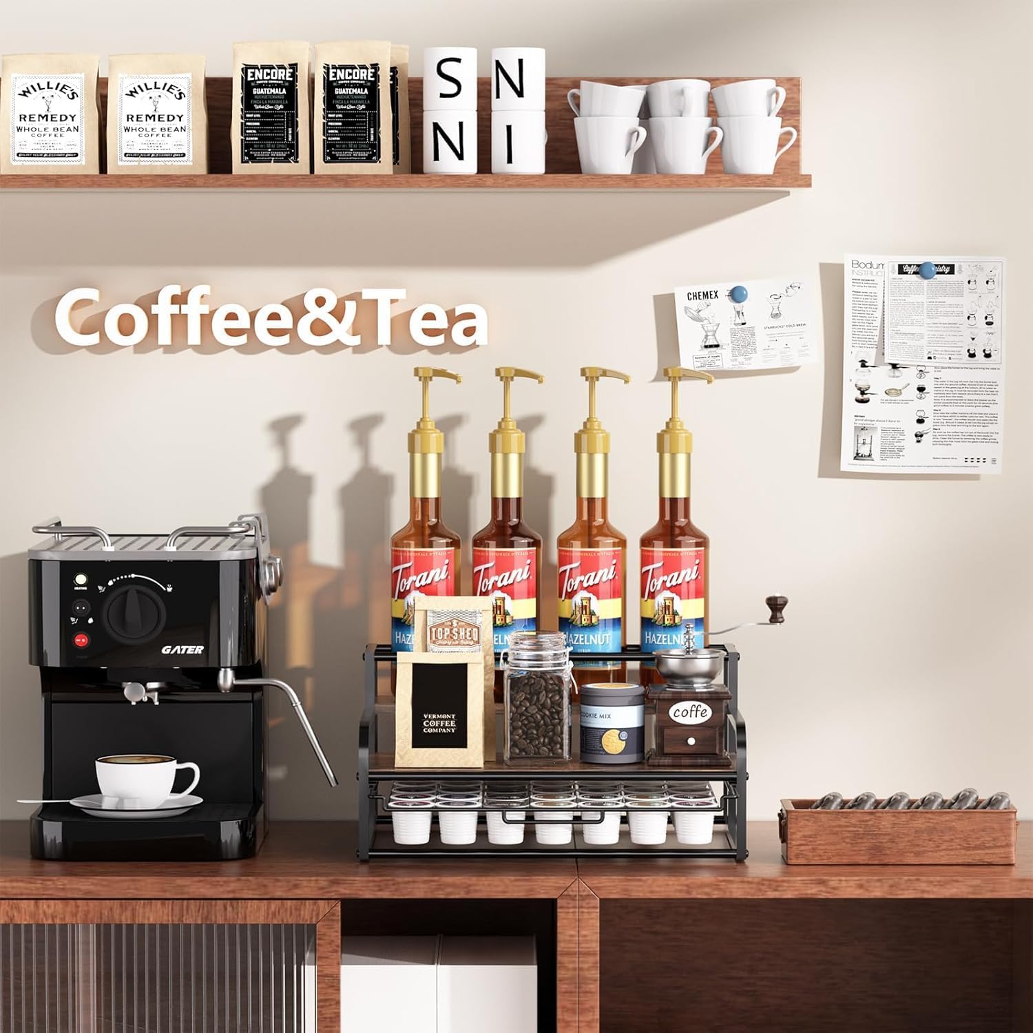 Thumbnail 6 de Coffee Station Organizer for Countertop: 3-Tier Syrup Rack with 35 K-Cup Drawer