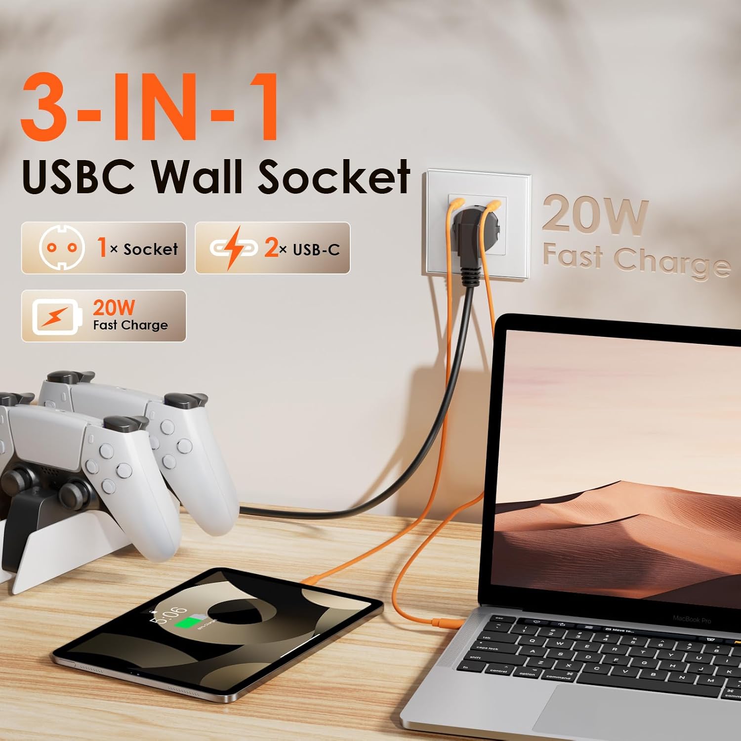 Detalle de BSEED Schuko-Wandsteckdose mit USB‑C 20W Schnellladen (Unterputz, Glas-Panel) – 2er-Set, Weiß