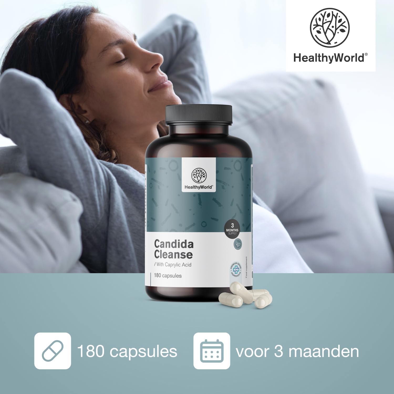 Detalle de HealthyWorld Candida Cleanse capsules met 16 actieve ingrediënten, 180 stuks