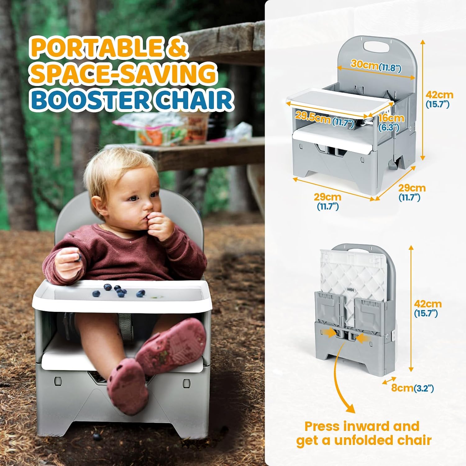 Thumbnail 4 de Orzbow Foldable Baby Booster Seat with Tray, 3-Point Belt, Grey