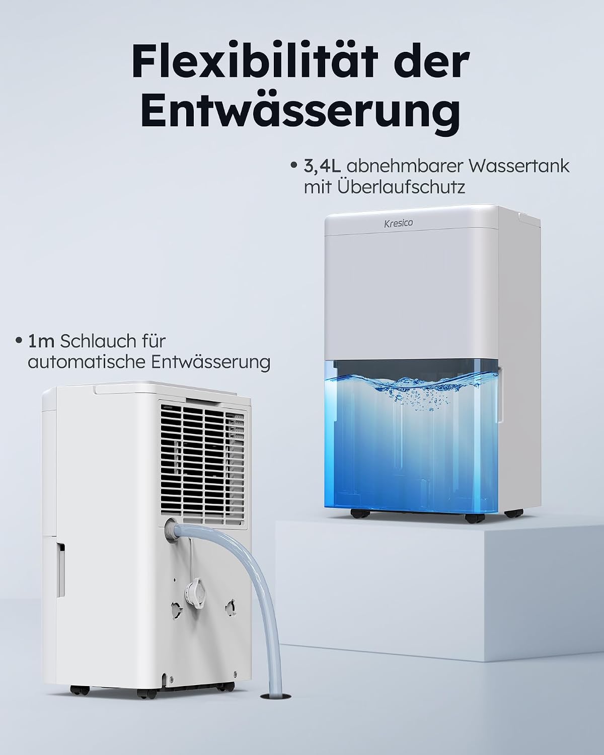 Thumbnail 6 de Kresico Luftentfeuchter elektrisch 20L/24h (39 dB) für ca. 150 m³/50 m², mit Ablaufschlauch & Timer, R290