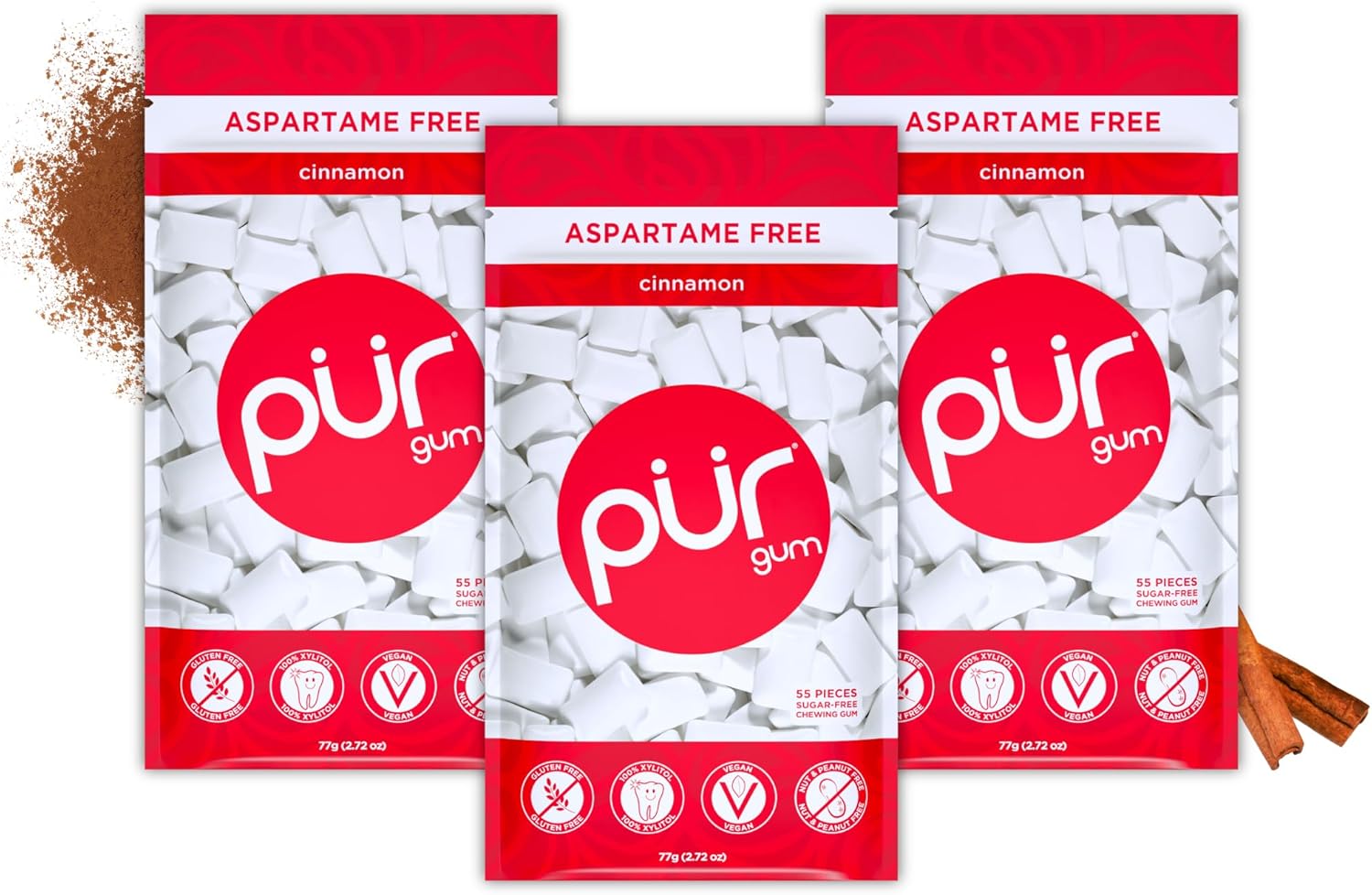 Detalle 2 de PUR Gum Peppermint – Chewing-Gum sans sucre au xylitol, végan, sans gluten et sans ASPARTAME, 55 pièces (lot de 3)