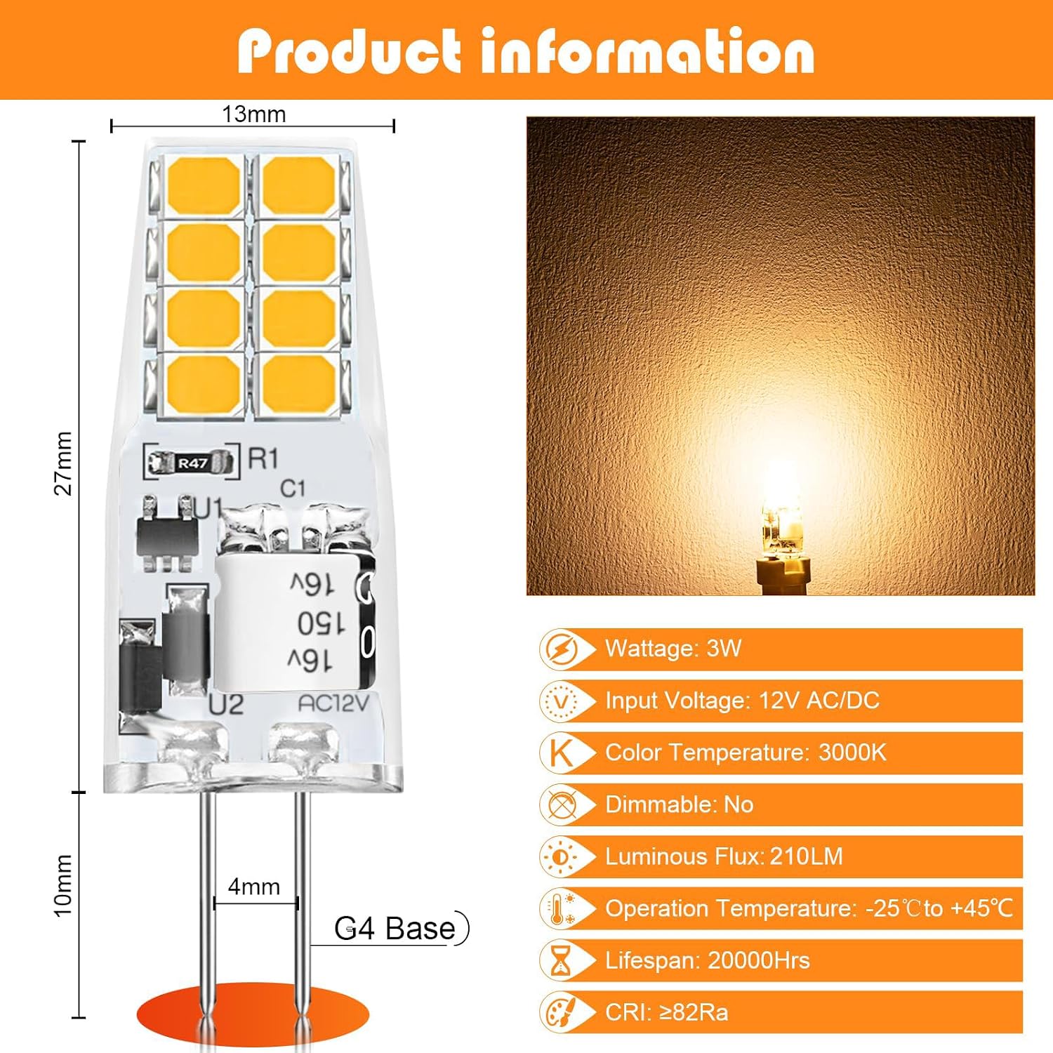 Detalle de AGOTD G4 LED 3W 3000K 210lm G4 Birne