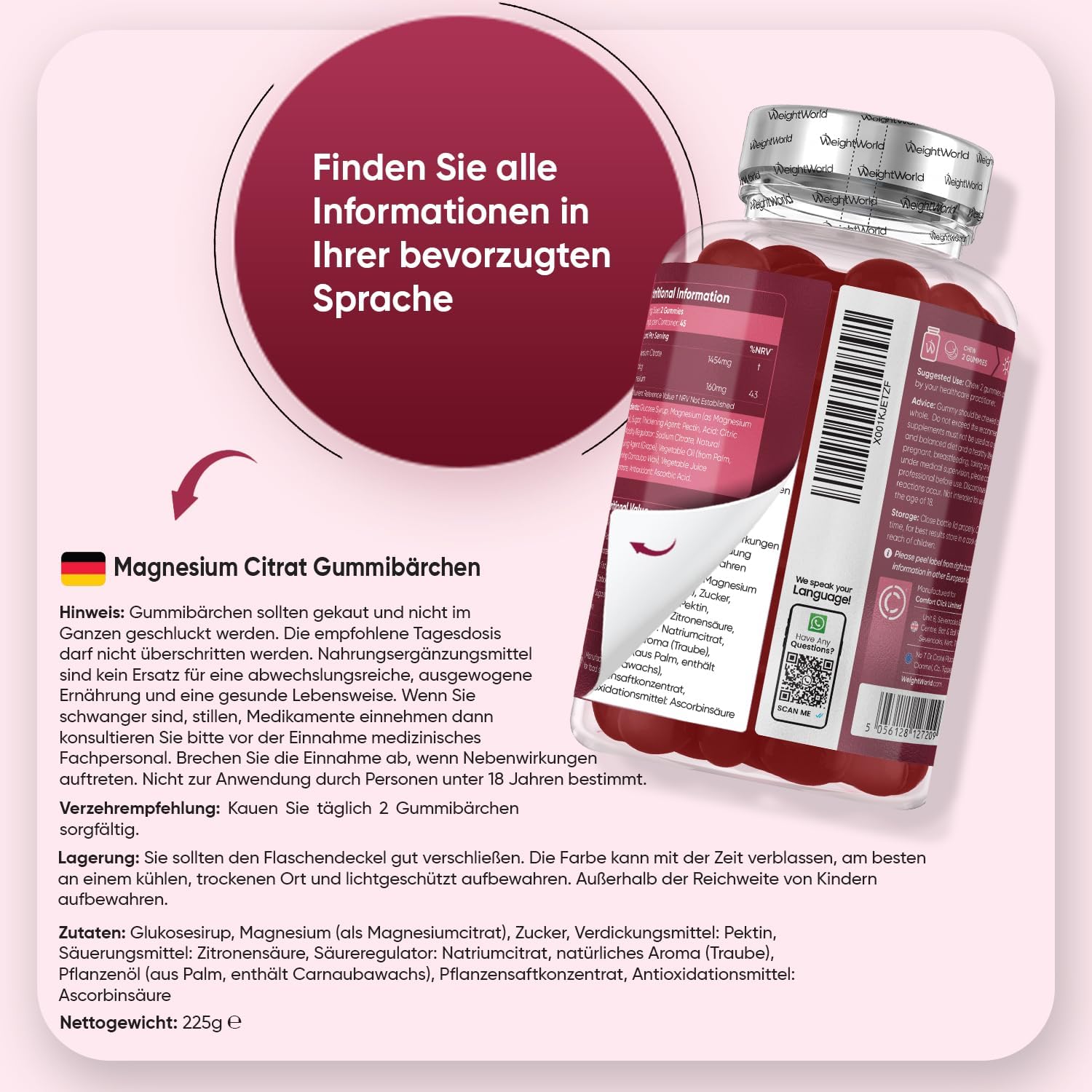 Thumbnail 3 de WeightWorld Magnesiumcitrat Gummies (90 vegane Gummibärchen) – 160 mg elementares Magnesium pro Portion