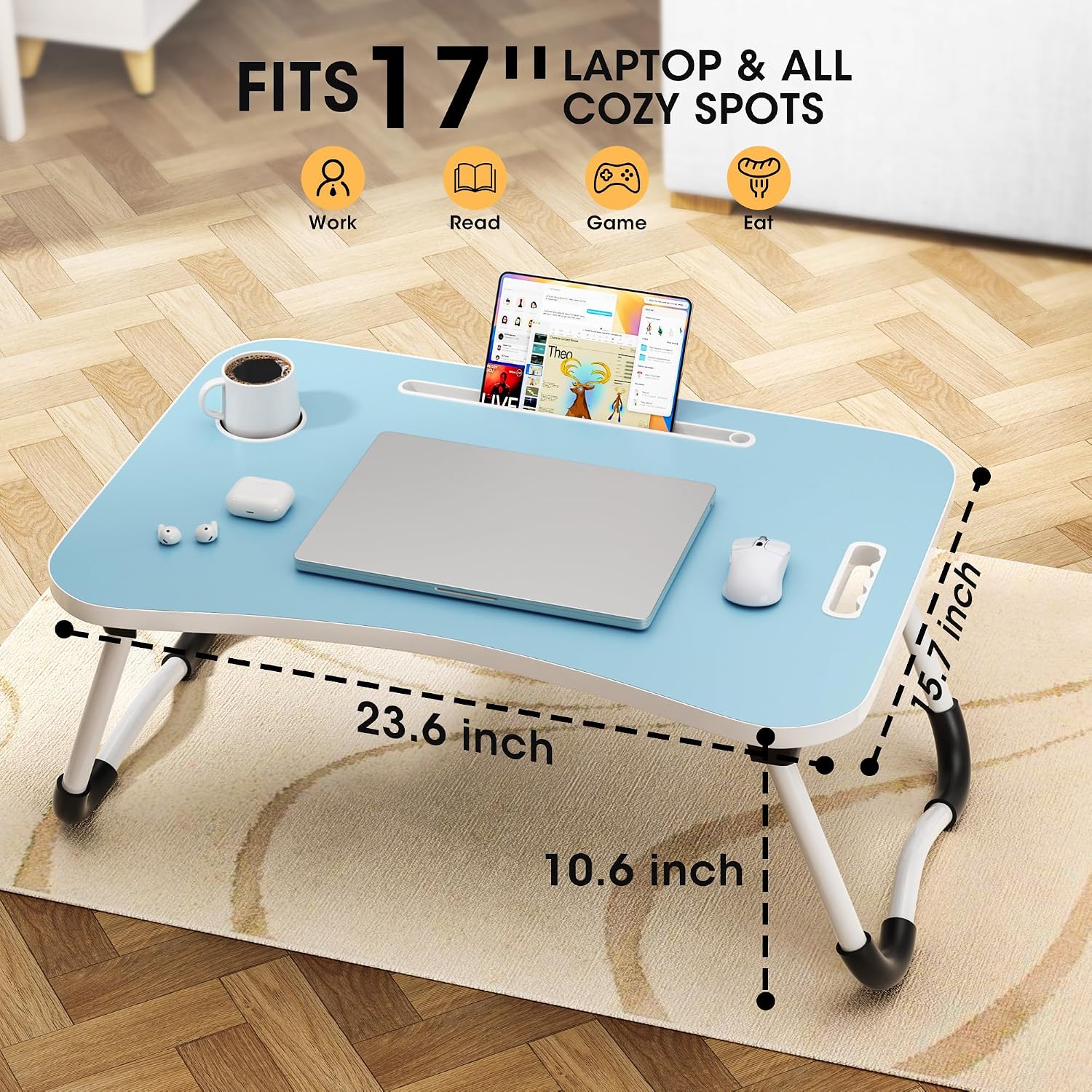 Detalle 2 de Frpufi LD003 23.6-Inch Folding Wood Lap Desk with Cup Holder, Blue
